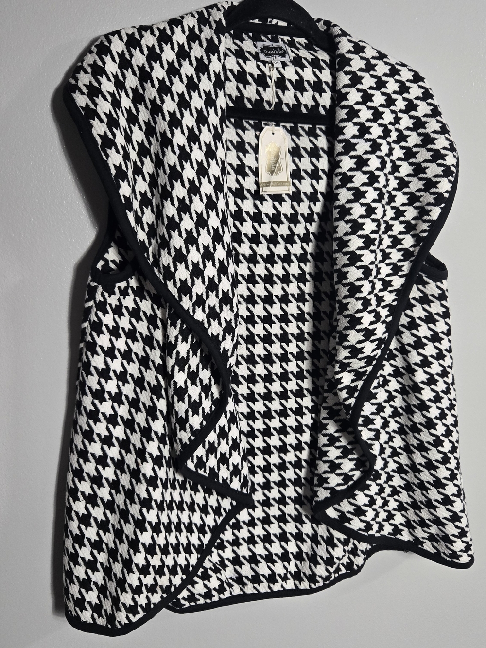 NWT Mud Pie Houndstooth Open Front Draped Waterfall Knit Vest Black White OS - Picture 2 of 5